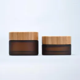 Storage Bottles 30ml Frosted Eco-friendly Cosmetics Containers Packaging Cosmetic Body Cream 30g Amber Glass Jar With Bamboo Wood Lid Skin