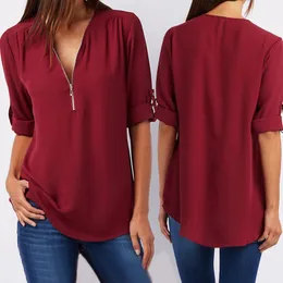 Kobiety damskie bluzki damskie szyfon bluzka w bluzce w dekolcie letnia jesień swobodne pół rękawie solidne topy luźne zamek błyskawiczne koszule plus size 230331