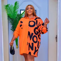 Ethnic Clothing 2023 In Plus Size African Print Orange Dress For Women Elegant Lady Evening Party Dresses Fashion Africa Dashiki Clothes