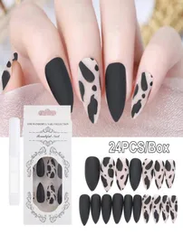 False Nails 24PCSBox Black Matte Leopard Nail Tips Stiletto Cow Pattern Fake With Glue Full Cover Girls Art Accessory8661027
