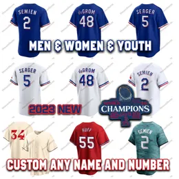 2023 Yeni Özel Erkek Beyzbol Formaları 48 Jacob DeGrom 34 Nolan Ryan 22 Jon Gray 5 Corey Seager 2 Marcus Semien Kadın Gençlik Beyzbol Forması Boyutu S-5XL