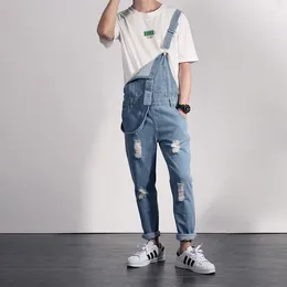 Men's Pants High Street Pockets Jeans Men Fashion Slim Fit Denim Jumpsuit Modish Strap Overalls Casual Suspender Ripped Holes