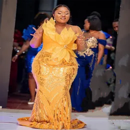 2023 Nov Aso Ebi Arabo Giallo Sirena Abito da ballo In rilievo Paillettes Pizzo Serata formale Festa Secondo ricevimento Compleanno Abiti di fidanzamento Abiti Robe De Soiree ZJ336