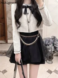 Two Piece Dress Temperament Two Piece Stes Women Ropa Mujer Bow Lang Sleeve Jackets Mini Pleated Skirt Outfits Fashion Sweet Y2k Clothes 230403