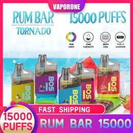 Najnowszy QST Rum Bar Tornado Box 15000 Puffs Djeńskie Pen Pen 16 Smak E-papierosowy Vape Cewka RGB Światło miganie Europenów Oryginalny 100%