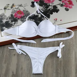 Kvinnors badkläder Bikini Solid Strappy Bandage Bikinis Set White Push Up Bikini Swimwear Bandeau Brasilianska baddräkt Baddräkt Maillot de Bain 230331
