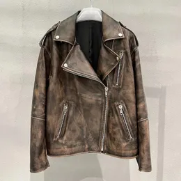 Women's Leather Autumn Winter Jackets Vintage Genuine Sheepskin Distressed Coat Zipper Turn Down