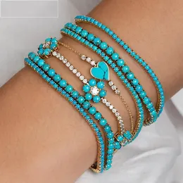 Stud Wholesale High Quality Turquoise Girl Simple Classic 3mm Blue Stone Tennis Charm Bracelets Necklaces Fashion Punk Jewelry 231102