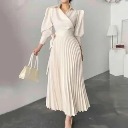 2022 Spring Summer New Women's Dress Vintage Casual Fashion Sweet Elegant Pleated Long Sleeve Shirt Belt Slim Pullover Vestid241V