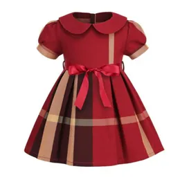 Cotton Girls Dress Vestido de gola virada de colarinho curto Bowknot Skirt