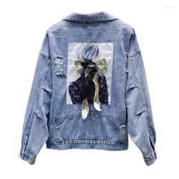 Women's Jackets 2023 Autumn Harajuku Denim Jacket Sequins Beauty Applique Jeans Frayed Holes Casual Outwear Streetwear Coat 357