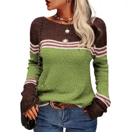 Kvinnors tröjor Autumn Winter Women Colorblock Pullover Round Neck Rands Slim Montering Female Knitwear Tops