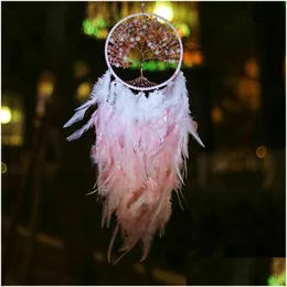 Decorative Objects Figurines Tree Of Life Dream Catcher Handmade Feather Purple Pink Catchers For Kids Dh8C5