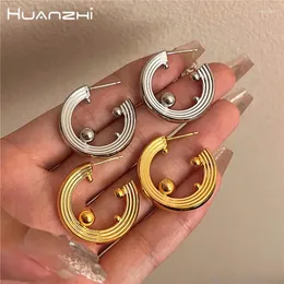 Pendientes de tuerca HUANZHI con textura de bola de Metal en forma de C, redondos geométricos para mujeres y niñas, estilo francés, fiesta, moda para mujer, regalos de joyería