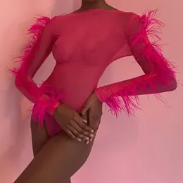 Kobiety Jumpsuits Rompers Omsj seksowna patchworka siatka piórka patrz przez body