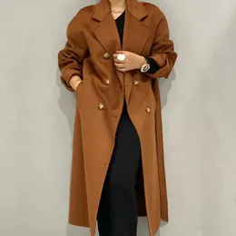 Womens Wool Blends Winter Highend Lapel Lacing Belt Plus Size Loose Long Water Ripple Doublesided Wool Coat Women Handmade Woolen Jacket 231102