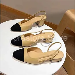 Designer Kvinnor Slingback Channel Black Beige Ballerina Sandals Women's Party Wedding Shoes Chunky Heels Slipper Loafers Storlek 35-40 Loafers