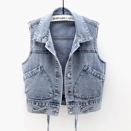 Women's Vests Women's denim vest blue sleeveless women's jacket Korean ultra-thin jeans jacket single breasted shorts oversized vest summer HOWDFEO 230403