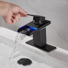 Badezimmer-Waschtischarmaturen, LED-Licht-Wasserhahn, 1 Loch, schwarzer Wasserfallauslauf, 3 Farbwechsel, mit Ablaufgarnitur und Kaltwassermischer