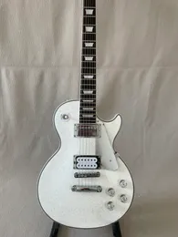 Guitarra eléctrica de partículas grandes en polvo de plata blanca de alta calidad con accesorios plateados