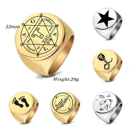 New Titanium Stainless Steel Round Finger Band Ring Pentagram Snake Foot Print Wolf Silver Gold Color Rings for Men Hip Hop Punk Rock Birthday Gift Wholesale Jewlery