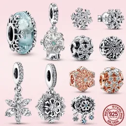 925 Silver Fit Pandora Original Charms Diy Pendant Women Armband Pärlor Vinterserie S925 Silver Snowflake Charm Blue Murano Glass