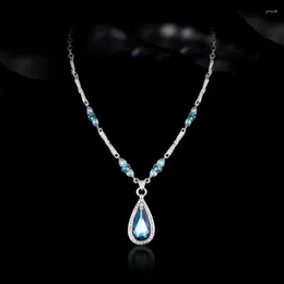 Choker Luxury Charms Silver Color Necklace For Women Water Drop Pear-formad Österrike Blue Crystal Pendant Chain Female Neck smycken