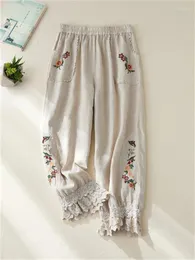 Calças femininas algodão linho feminino cintura elástica bordado floral tradicional folk renda retalhos tornozelo comprimento calças casuais