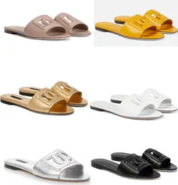 Gold sliver leather luxury design women sandal slipper flats Logo cut out leather slides cutout style open toe summer pop sandals with box card 35-42