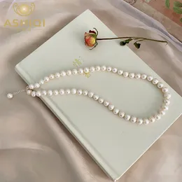 Perlenketten ASHIQI Natürliche Süßwasserperlenkette 925 Sterling Silber Schmuck für Frauen Geschenk 230403