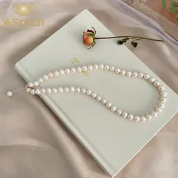 구슬 목걸이 Ashiqi Natural Freshwater Pearl Necklace 925 여성용 스털링 실버 보석 선물 230403