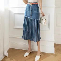 Skirts Denim Skirt Dress For Women A-line Front Botton Irregular Patchwork Pleated Maxi Jean With Belt Casual Chic Female Clothes