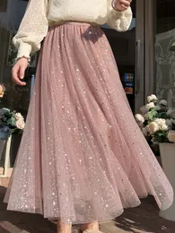 التنانير Heydress الخريف والشتاء للسيدات الترتر الأنيقة النجمة Mesh Midi Ski Fashion Women’s Street Clothing High Weist Tulle Solid Solid 230403