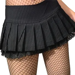 Saias xingqing verão listra mini plissado mulheres y2k goth preto escuro academia sexy rua cintura baixa curto grunge 230403