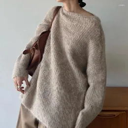 여자 스웨터가 떨어진 어깨 긴 소매 니트 모헤어 스웨터 여성 2023 일본 패션 가을 겨울 옷 풀버