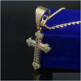 Ожерелья с подвесками Iced Out Cross Подвеска Теннисная цепочка Ожерелье для мужчин с золотым цветом Ожерелья с веревочными звеньями Хип-хоп Ювелирные изделия Подарок Drop D Dhk9V