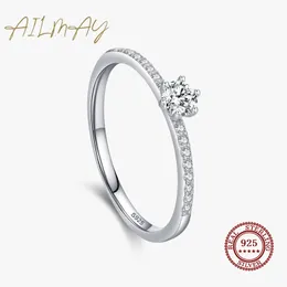 Solitaire Ring Ailmay Real 925 Sterling Silver Simple Sparkling Round Clear Zircon Ring For Women Classic Luxury Wedding Accessories Jewelry 230403