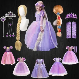 Flickas klänningar högkvalitativ tjej rapunzel wig prinsessa klänning halloween barn sovande skönhet cosplay sofia tyll tutu bollklänning barn kläder 230403