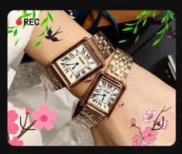 Square Roman Dial Women Lovers Watch Quartz Battery Tank Series Clock Iced Out Hip Hop rostfritt stålfodral Ultra Thin Chain Armband Watches Relojes de Lujo Gifts