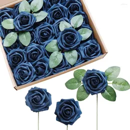 Flores decorativas D-Seven Artificial 25pcs Rosas da Marinha com STEM para Centros de Centro de Casamento DIY Arranjos de Buquês Decorações de Flores