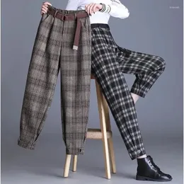 Women's Pants Woolen Plaid Harem Women Fall Winter Thick Loose Wool Trousers Korean High Waist Radish Pantalons Female Ankle-Length Pant