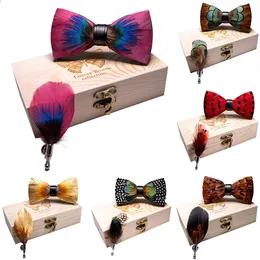 Bow Ties KAMBERFT 67 style Design Natural Feather Bow tie Exquisite HandMade Mens BowTie Brooch Pin Wooden Gift Box Set for Wedding 231102