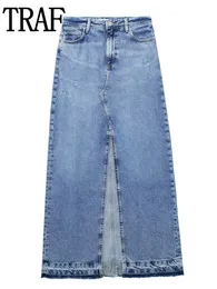 Gonne Traf Blue Denim Pelle Vita alta Pelle midi Abbigliamento da strada da donna Pelle lunga Moda donna Primavera Faded Slit Maxi Pelle 230403