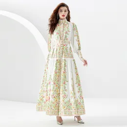 Abito lungo floreale con maniche a sbuffo da donna Abito vintage di design con colletto alla coreana Slim increspato per le vacanze Abiti da festa larghi con altalena Robe 2023 Abiti da passerella stampati primavera autunno