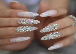 Underbar lyxpress på naglar extra lång ljus marmor färgglada kristall faux ongles med stora rhistones ab perfekt party3618301