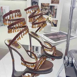 مصمم فاخر صندل أزياء راينستون رينيه كعب الكعب Cleo Sandal Summer Shoes Party Parts Obning Couln