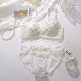 BHs Sets Französische Dessous Slips Stickerei Blumenspitze Mädchen Schleife Unterwäsche Set Licht Atmungsaktiv Verbreiterung Seitenflügel BH und Höschen