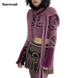 Kadın Ceketleri Karrcat Grunge Estetik Kırpılmış hırka Vintage Y2K Kapşonlu Sweater Gotik Kafatası Nakamı Örgü Punk Stil Emo 231102