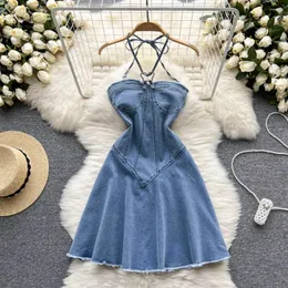 Vestidos casuais Amolapha verão 2023 sexy halter sem mangas denim vestido de linha para mulheres