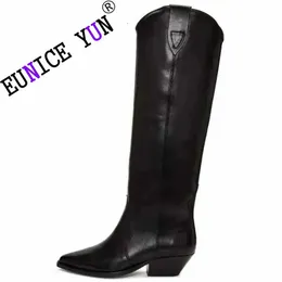 أحذية eunice yun العلامة التجارية الأصلية للنساء الجلود ride retro slip-on stunky knee knee boots high boots pounder ee ane antair motarcycle 44 231102